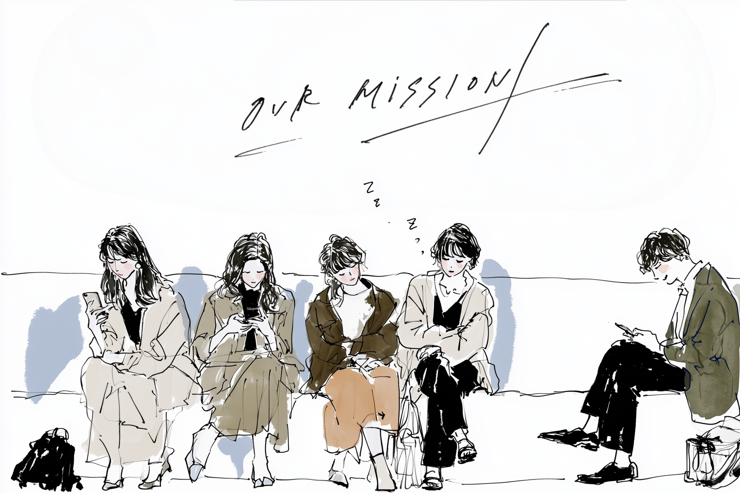 壁に「OUR MISSION」と掲げられているものの、社員たちが無関心でスマートフォンを見たり居眠りしたりしている、インナーブランディングの失敗例を表すイラスト