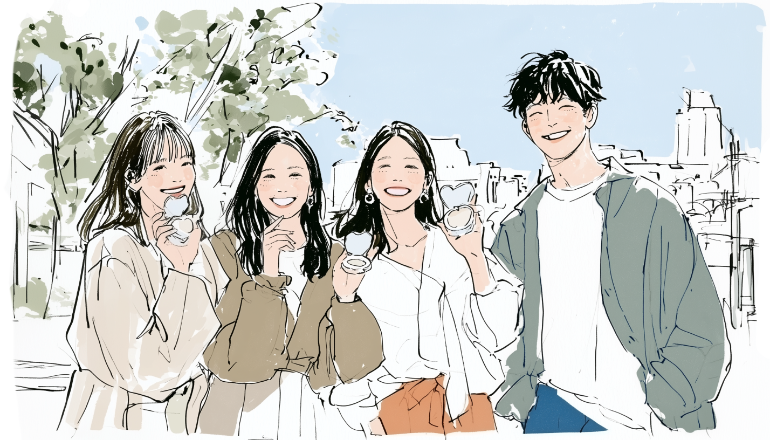 Z世代の若手社員たちが笑顔で商品（ハート）を手にし、インナーブランディングが成功している企業の活気あるチームを表現したイラスト
